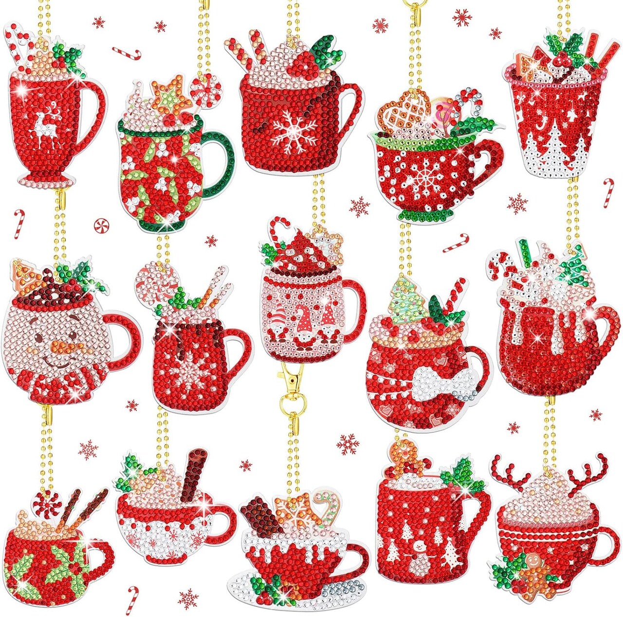 15 Pcs Hot Cocoa Diamond Art Ornaments Kits – DIY Diamond Painting Keychains, Holiday Hanging Ornaments for Adults, Crafts & Gifts